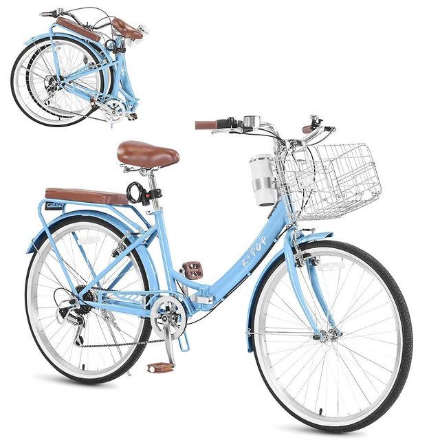 24/26 Inch Foldable Beach Cruiser Bike for Womens, 7 Speed Womens Bike with Basket and Coffee Cup, Commuting Bicycles for Women, Lightweight Complete Cruiser Bikes Bicycle for Ladies​​ Adults