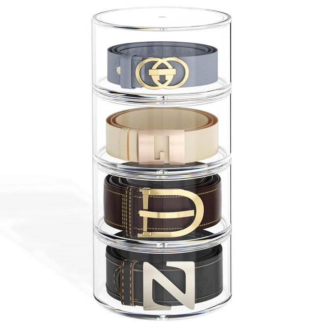 Nuggicet Belt Organizer for Closet Storage: Clear Acrylic 4-Layer Stackable Belt Box, Space-Saving Belt Case Holder for closet, drawer