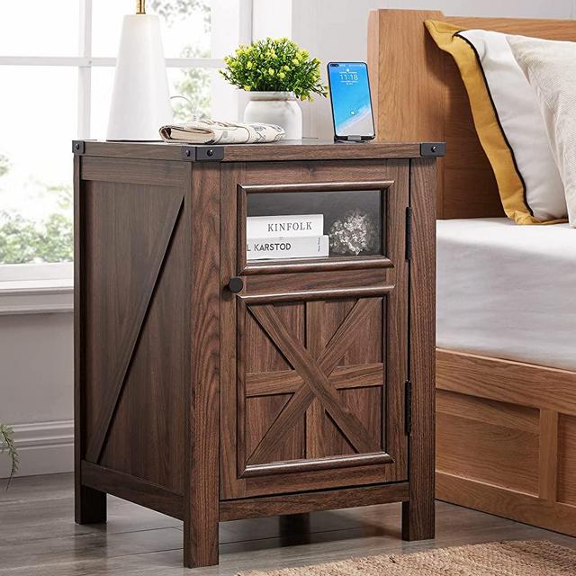 Farmhouse Nightstand with Charging Station - Modern Bed Side Table with 3-Tier Storage, Adjustable Feet - Rustic End Table for Bedroom, Living Room - Wooden Sofa Table - Brown - Pack of 1