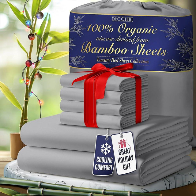 DECOLURE 100% Organic Viscose Derived from Bamboo Sheets King Size 6pcs - Ultra Soft & Luxuriously Cooling, 17" Deep Pocket, Double Stitching, Perfect for Hot Sleepers - King Bed Sheets (Midgrey)