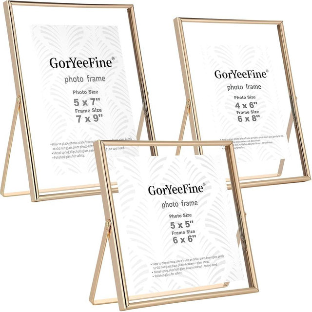 Gold Floating Picture Frames Set of 3, Metal Geometric Photo Frame with Glass Cover Includes(5x7'',4x6'', 5x5''),Tabletop Floating Picture Frames for Home Wedding Decoration,Gift for Christmas,Wedding