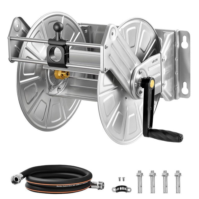 VEVOR Stainless Steel Garden Hose Reel Wall/Floor Mounted, Heavy Duty Manual Hose Winder Holds 150 ft 5/8 in Water Hoses, Outdoor Reel with Brass Fittings & 5 ft Leader Hose for Lawn, Yard, Garage