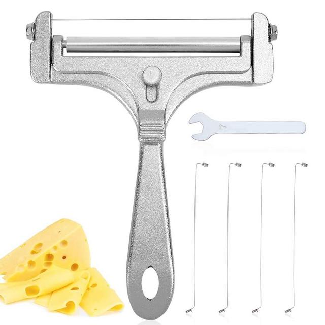 6pcs Cheese Slicer Kit, Stainless Steel Wire Cheese Cutter with 4 Extra Wires & Wrench Cheese Slicer Handheld Butter Cutter Food Slicer for Block Cheese Butter (Frosted Silver)