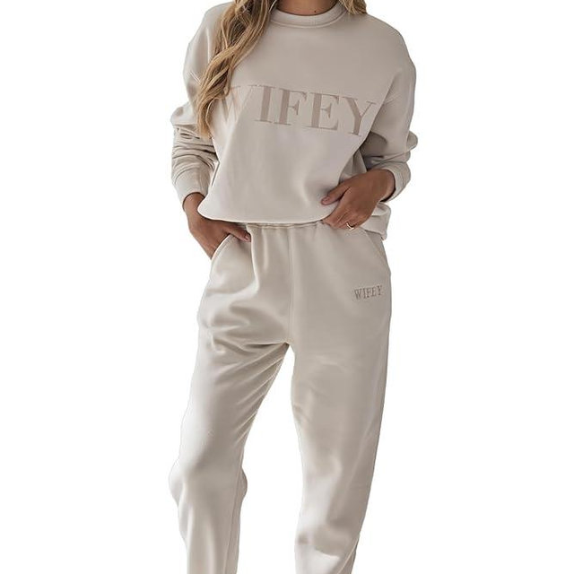 Six Stories Wifey Statement Sweatshirt and Sweatpants Set for the Stylish New Bride | Soft, Comfy & Cozy Sweatsuit with Unique Pearlescent Detailing Ideal as Anniversary or Honeymoon Gift | Medium