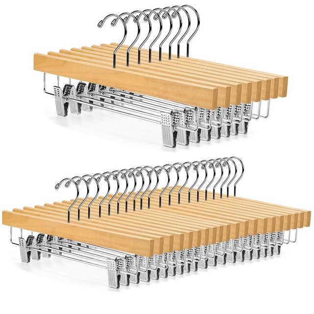 Nature Smile Deluxe Wooden Pants Hangers,Solid Lotus Wood Jeans Skirt Hanger with Clips Anti-Rust Hook Pack of 28（Natural）