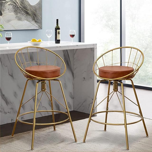 Awonde 26 inch Swivel Bar Stools Set of 2 Upholstered Gold Metal Counter Height Barstools with Backs (26" Swivel, Brown Leather Seat)
