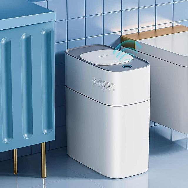 JOYBOS Touchless Bathroom Trash Can with Lid,3.8 Gallon Waterproof Motion Sensor Small Automatic Bagging Smart Garbage Can, Slim Narrow Plastic Bedroom Office Rv Bin, White