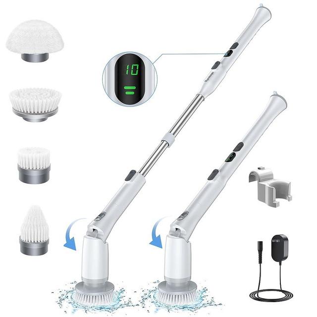Hymeago Electric Spin Scrubber, Electric Cleaning Brush with Display and 4 Replaceable Brush Heads, 2 Speeds and 3 Angles Adjustable, Cordless Power Scrubber with Extension Arm for Bathroom Floor Tile