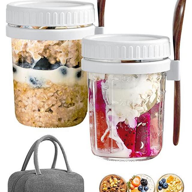 Overnight Oats Containers with Lids - Updated Design 10 oz Wide Mouth Mason Jar with Spoon Very Convenient for Use On The Go, Tight sealing glass jar ideal for home, office or to go