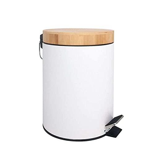 Small Bathroom Trash can with Pedal ,Eco Friendly Bamboo lid Soft Close,1.3 Gal/5L .White Steel with Removable Inner bin.Strong &Anti Skid Pedal.Color Box.Unique & Boutique Style