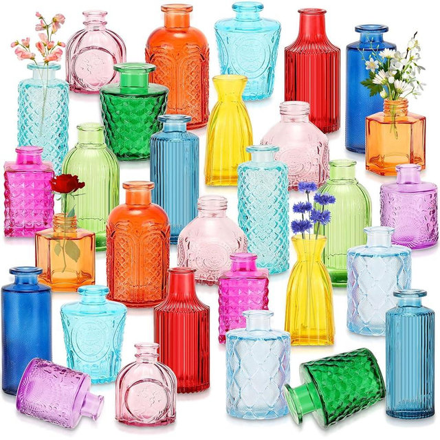 Yaomiao 30 Pcs Vases Bulk Colored Flower Glass Vases Bud Vintage Colored Glass Bottles Colorful Rustic Embossed for Home Wedding Table Decorations Gifts (Bright Color)