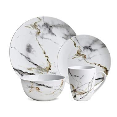 Hoomeet White Marble Design 16-Piece Dinnerware Set, Service for 4.