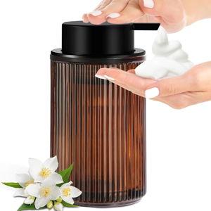 KASUNTING Foaming Soap Dispenser, Amber Glass Foam Hand Soap Dispenser for Bathroom, 11 Fl Oz Ribbed Refillable Foaming Pump Bottle with Black Pump, Modern Dish Soap Foam Dispenser