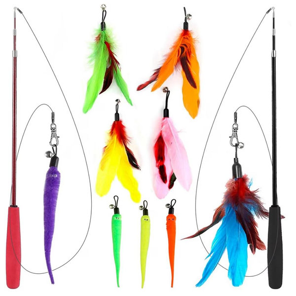 Vila Feather Teaser Wand & Fishing Pole Interactive Toy for Indoor Cat & Dog, 11 count