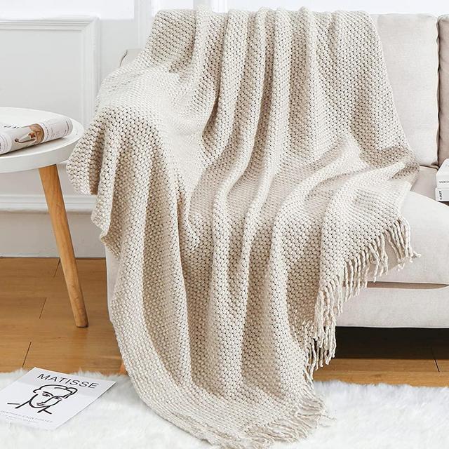 BLAGIC Grey and White Knit Throw Blanket with Tassel| Home Decor Blanket| Holiday Throw| Wrap Shawl Scarf, Lightweight Soft Cozy Warm Fluffy, Wheat Textured, 50" W x 60" L
