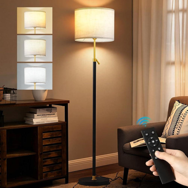 Floor Lamp for Living Room and Bedroom - 55"- 67" Height Adjustable Standing Lamp with 3 Color Dimmable 12W LED Bulb and Remote - Tall Stand Light with Shade for Corner Lighting ( Black & Gold )