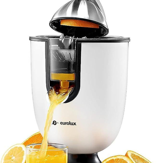 Eurolux Electric Citrus Juicer Squeezer, for Orange, Lemon, Grapefruit, Stainless Steel Soft Grip Handle and Cone Lid for Easy Use Most Powerful Juice Squeezer (ELCJ-1700WHT)