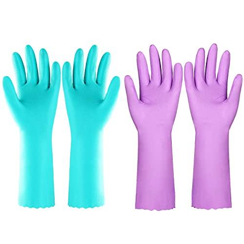 Reusable Kitchen Cleaning Gloves With Latex Free,Cotton Lining, Non- Slip Swirl Grip Gloves for Dishwashing 2 Pairs (Purple+Blue, Large)