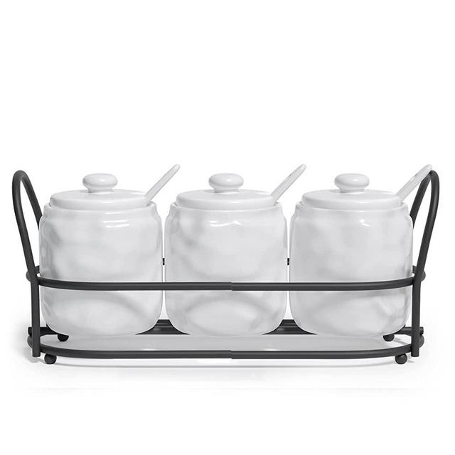 Barnyard Designs Set of 3 Ceramic Spice and Condiment Jars with Lids and Serving Spoons, 6oz Containers for Sugar, Salt or Seasoning on Farmhouse Style Tray, White, 11.5” x 4”