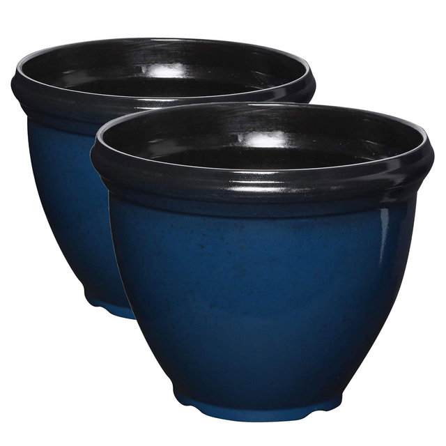 Southern Patio 12 Inch Heritage Round Outdoor Patio Porch Resin Plastic Lightweight Planter Pot w/ Glossy Finish, Monaco Blue