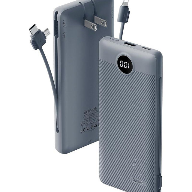 VRURC Portable Charger Built-in Cables and AC Wall Plug, USB C Power Bank 10000mAh, Travel Battery Portable Phone Charger Compact Lightweight External Battery Pack for Smart Phones, Tablets etc-Grey