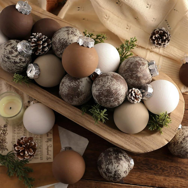 24 Pcs Matte Neutral Textured Christmas Ball Ornaments 2.36'' Brown Vintage Rustic Christmas Tree Decorations Modern Xmas Tree Hanging Shatterproof Ornaments with Loop for Farmhouse Boho Holiday Decor