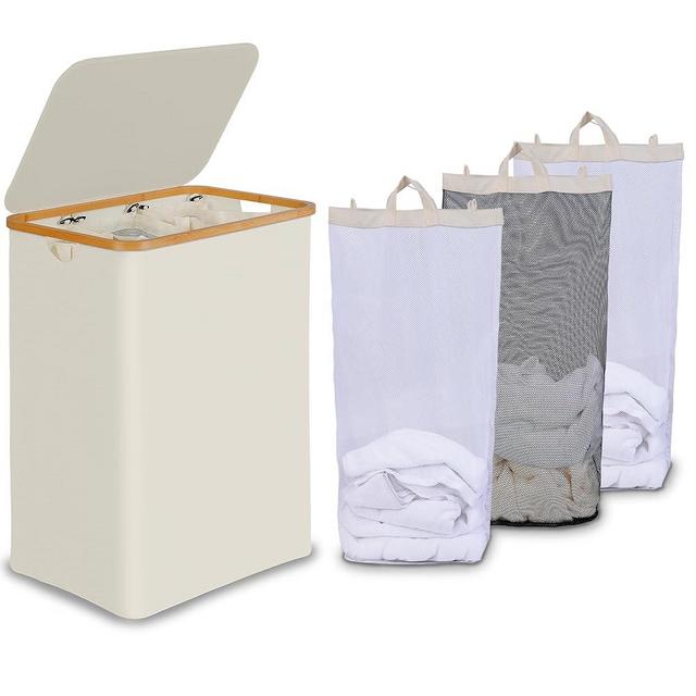 efluky Laundry Hamper with Lid, Trio Laundry Hamper with Removable Bags, 3 Sections Dirty Clothes Basket with Handles for Bathroom, Bedroom & Laundry Room, 160L Beige