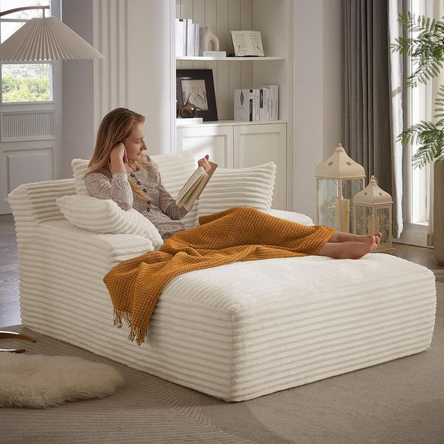 HRVEOCEI 49" Chaise Lounge Indoor, Oversized Chaise Lounge Chair with 3 Comfy Pillows for Living Room Bedroom, Wide Arms Corduroy Fabric High-Density Foam No Assembly Required (White)
