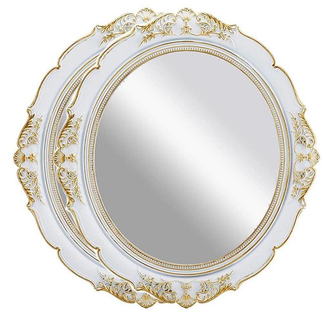 OMIRO Decorative Wall Mirror, Vintage Hanging Mirrors for Bedroom Living-Room Dresser Decor, Oval Antique White 13" W x 15" L, Pack of 2