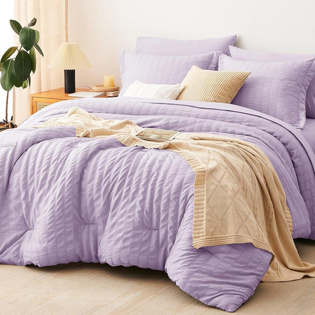 CozyLux King Seersucker Comforter Set Light Purple Bed in a Bag 7-Pieces All Season Lavender Bedding With Comforter, Pillow Sham, Flat Sheet, Fitted Sheet, Pillowcase