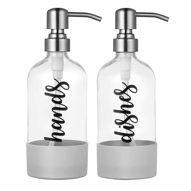 DYHAXA Reusable Glass Soap Dispenser for Hands, Dishes, Kitchen, Bathroom– with Silicone Sleeve and Labels (16 OZ, 2 Pack)