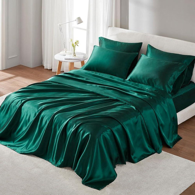 Madison Park Satin Sheets Cal King Size, Luxurious Silky Bed Sheets, Elastic 14" Pocket fits up to 16" Mattress, Wrinkle-Free, Soft Satin Bed Sheet Set, Emerald 6 Piece