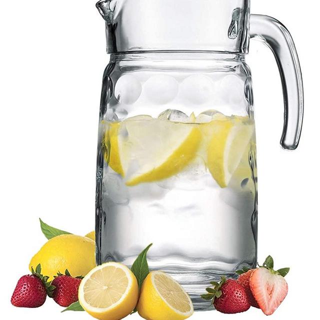 Decorative Glass Clear Pitcher With Handle & Pour Lip for Water, Iced Tea and Lemonade - Durable Bubble Design Glass Water Pitcher, 64 oz