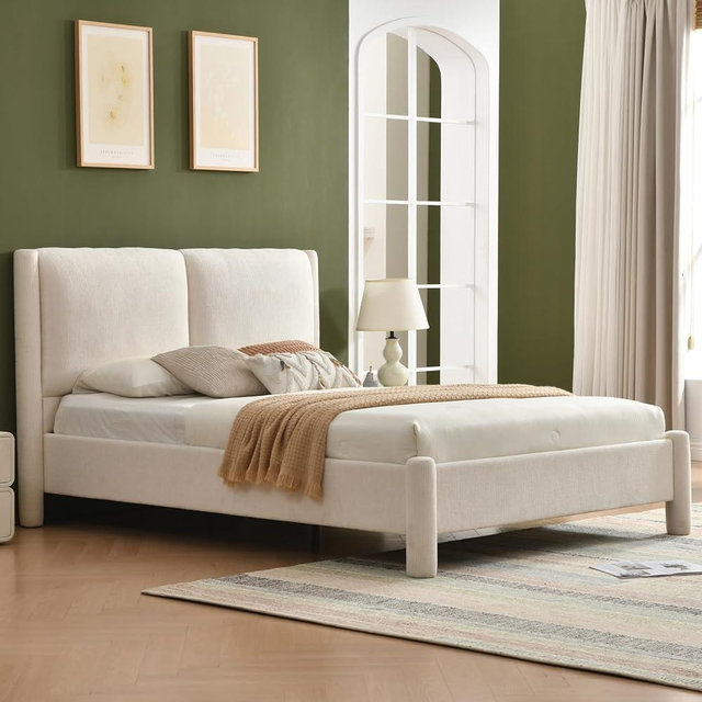 YUHUASHI Queen Bed Frame with Padded Headboard, Cylindrical Legs, Slatted Support, No Box Spring Required, Easy Assembly (Cream, Queen (U.S. Standard))