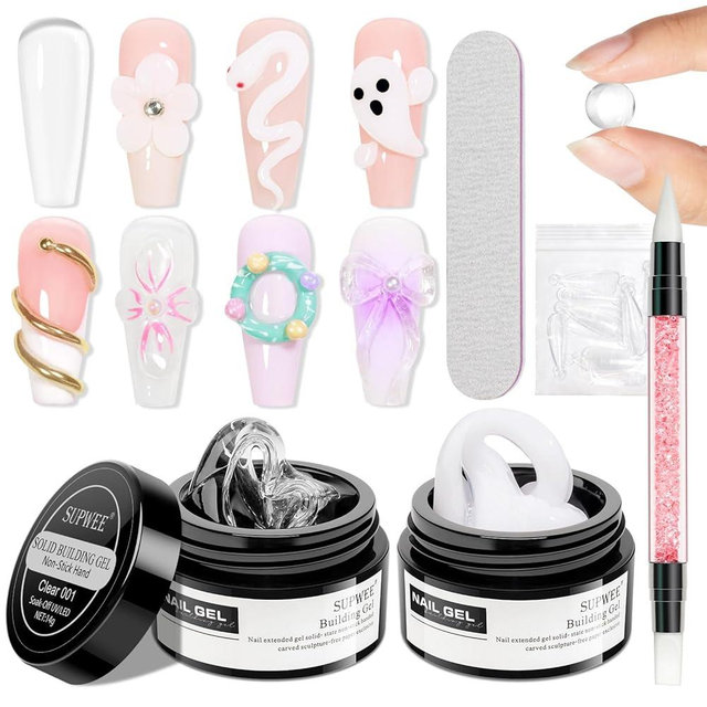 SUPWEE 3D Nail Art Gel Clear and White Solid Builder Gel for Nails Non-Stick Hand Sculpture Hard Gels with Dual Form for Carving Patterns Decoration Nail Art Home Manicure DIY