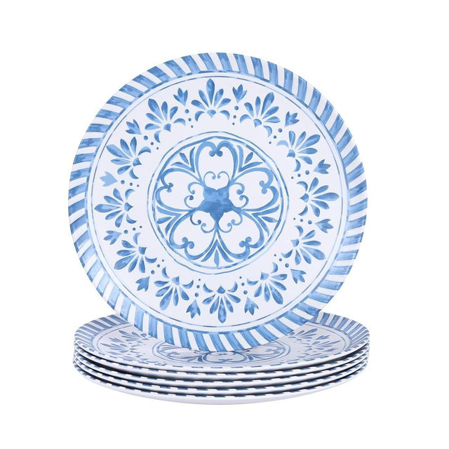 Yinshine Melamine Plates Set,10.75 Inch Dinner Plates Set, 6pcs Blue Dishes Set with Embossed Design, Unbreakable,Indoor and Outdoor use,Blue&White