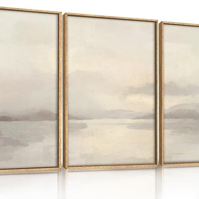 LHIUEM Large Abstract Neutral Beige Pastel Framed Canvas Wall Art,Modern Watercolor Lakes Wall Decor,Nature Mountain Minimalist Artwork for Living Room,Bedroom,Dining Room,Office -16"x24"x3