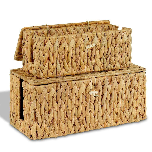 efluky 2 Pack Hand-woven Cable Management Box with Lid, Water Hyacinth Open Slots Cord Box to Hide USB Wire, Power Strip & Charger for Home & Office and Dorm, Natural