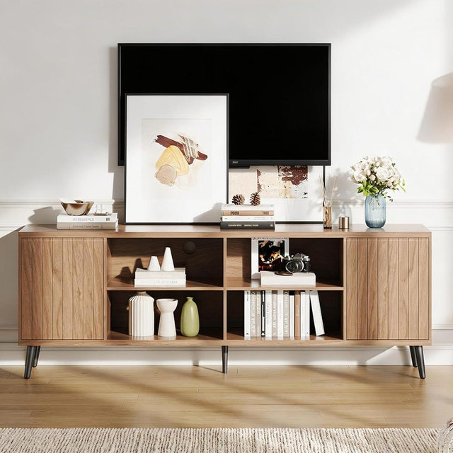 GAOMON Mid-Century Modern TV Stand with Fluted Design & Open Storage Shelves, 70" TV Cabinet, Entertainment Center for Up to 75 Inch TVs, Media Console with Adjustable Shelves for Living Room
