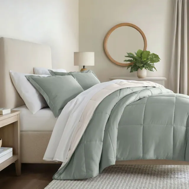 Reversible Comforter and Shams Set, Ultra Soft - Becky Cameron, Eucalyptus / Natural, Twin/Twin Extra Long