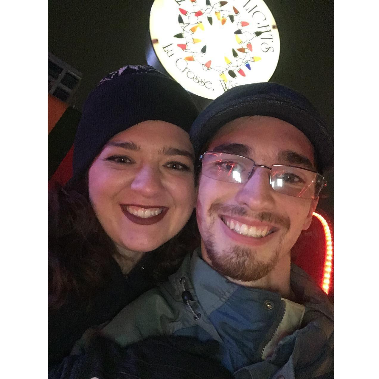 Us cozied up at the sleigh from the Lacrosse Rotary Lights