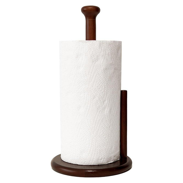 E-ROOM TREND Paper Towel Holder Large Base Dia 7" Brown Coffee Color Countertop with Rubber Wood Round Base Kitchen Bathroom Roll Organizer Wooden Paper Holder Stand for Dining Table Home (ZJ181C)