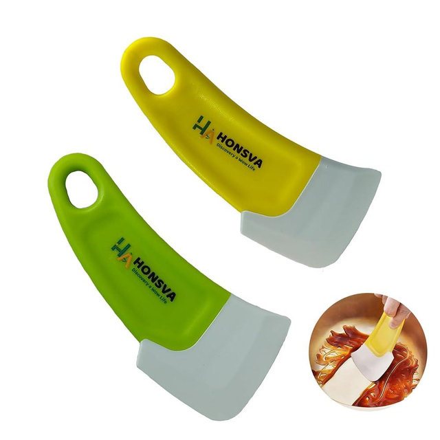 Honsva Silicone Pot Scraper to Kitchen Cleaning, Small Dish Scraper with Hole for Pans, Pots, Non-stick Plastic Pot Scraper Tool, Food Scraper, Non Scratch, 2 Pcs (Green and Yellow)