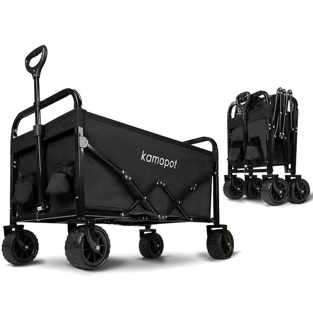 Kamopot Collapsible Wagon Cart, Beach Wagon, Folding Utility Wagon for Outdoor, Yard, Sports. 220lb Heavy Duty Foldable, with Cupholders & Big DIY Wheels (Black)