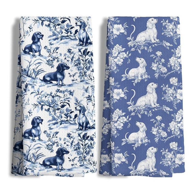 Nipil Chinoiserie Dachshund Kitchen Towels Set of 2, Blue and White Floral Botanical Dachshund Decorative Dish Tea Towels, Grandmillennial Weiner Dog Hand Towels for Kitchen Bathroom, 16x24 Inch
