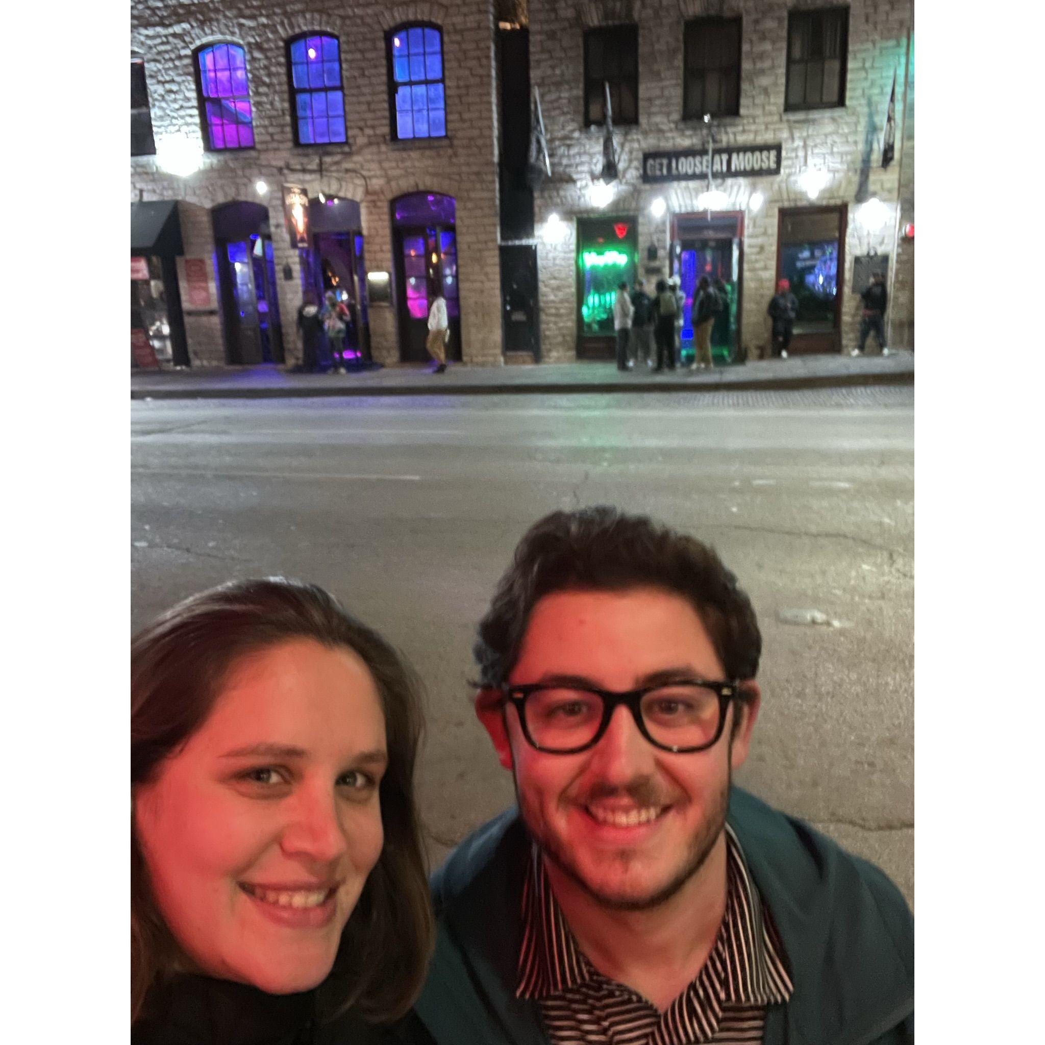 Haley is really bad at selfies - yikes outside of Moose bar in Austin, TX