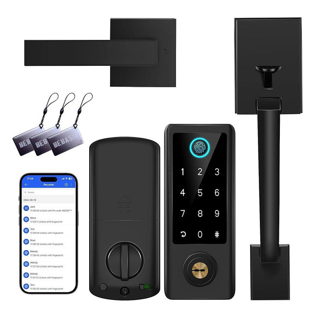 Fingerprint Door Lock with Handle Sets, BEBASIA Keyless Entry Door Lock Deadbolt, Bluetooth Front Door Lock Set, Smart Door Lock, Electronic Keypad Door Lock with Handle, Digital Smart Deadbolt, Black