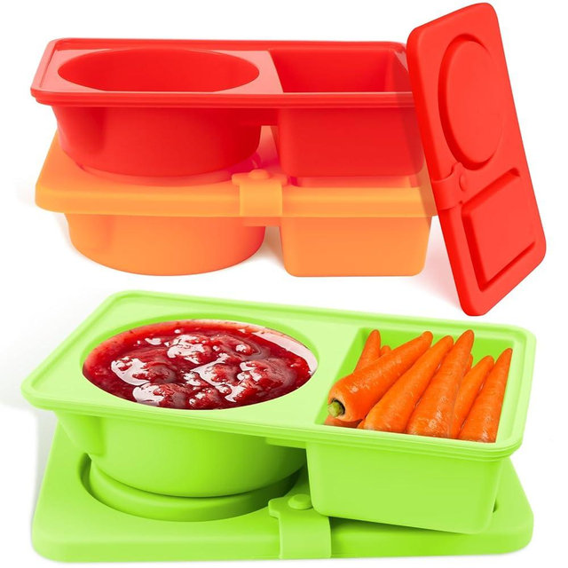 3 Pack Silicone Snackle Containers with Lids, Reusable 2 Compartment Snack Box Containers Salad Dressing Sauce Seasoning Container, Small Mini Food Snack Boxs for Travel, Office, Picnic