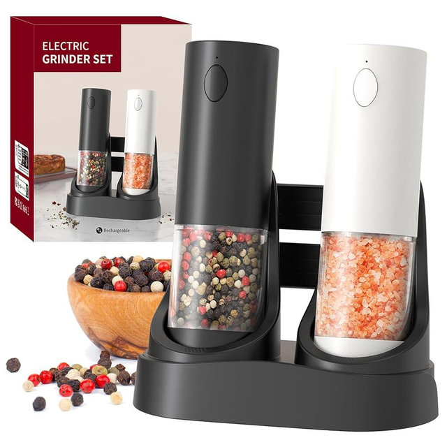Electric Salt and Pepper Grinder Set Automatic Salt and Pepper Grinder Set with Easy-to-Carry Charging Base and LED Light, Adjustable Coarseness, USB Rechargeable, Black