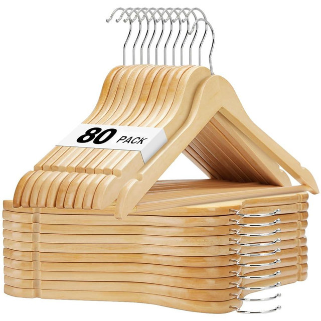 HOUSE DAY Bulk Wooden Hangers 80 Pack, Solid Wood Hanger with Non Slip Pant Bar, Heavy Duty Wooden Coat Hanger for Closet, Smooth Finish Wood Clothes Hangers for Shirts, Suits Jackets, Dress, Natural